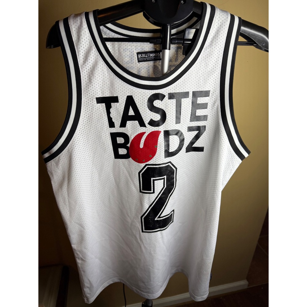 Rebel Minds Taste Budz Basketball Jersey White Mesh Streetwear Mens XL Number 2